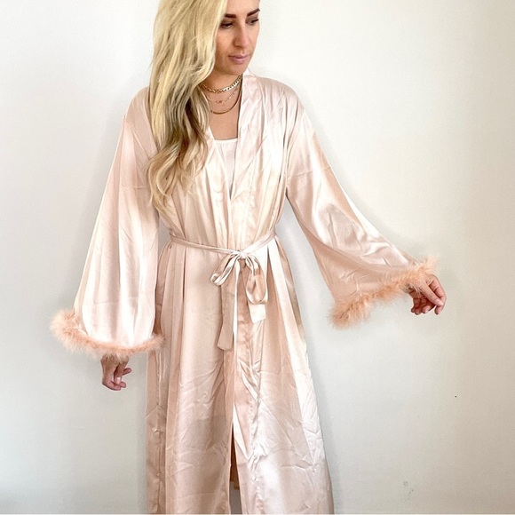 Light Pink Pajama Slip and Robe with Feather Trim - Picture 1 of 12
